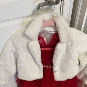White Faux Fur Jacket with red dress